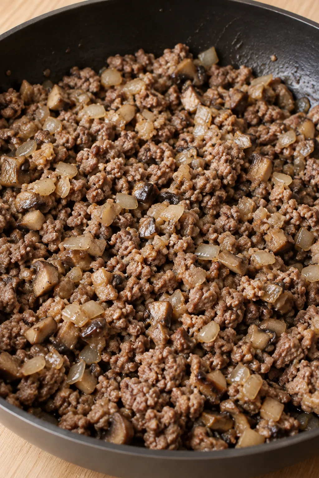 Finely chopped mushrooms mixed with browned ground beef in a skillet
