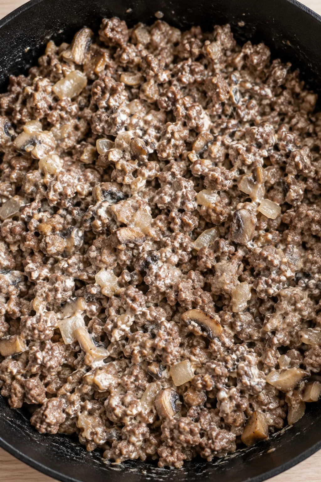 Ground beef and chopped mushrooms lightly coated with melted cream cheese
