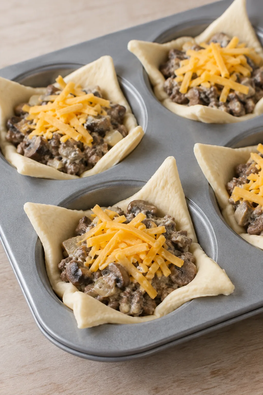 Raw crescent cups with beef and mushroom filling and shredded cheddar