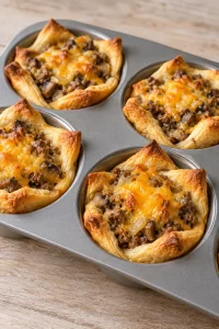 Baked beef and mushroom crescent cups with golden pastry and melted cheddar