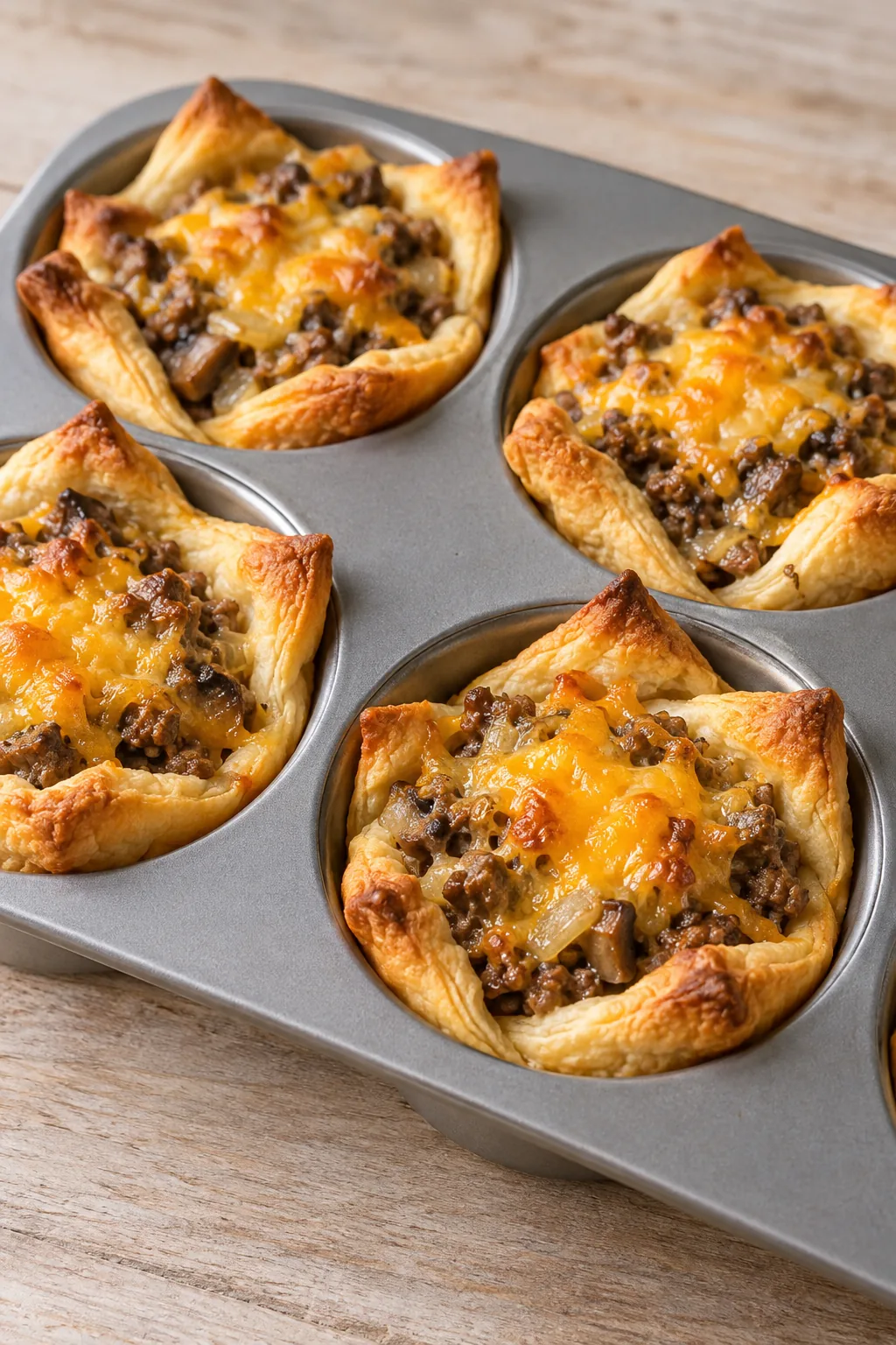 Baked beef and mushroom crescent cups with golden pastry and melted cheddar