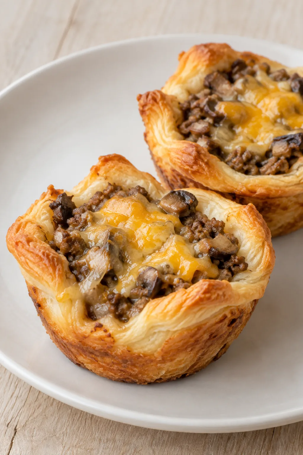 Warm beef and mushroom crescent cups with browned pastry bases on an ivory plate