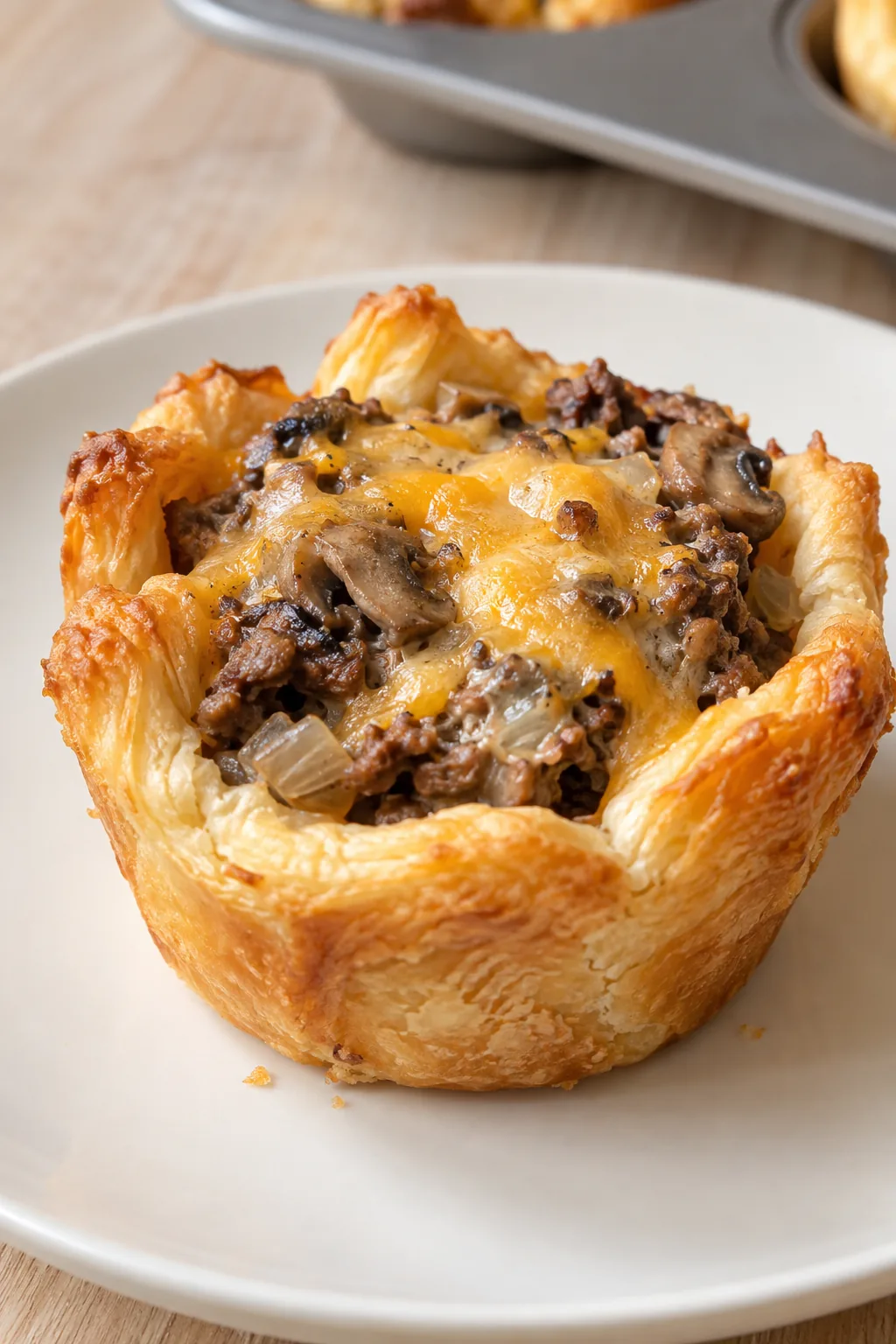 Close view of a flaky golden crescent cup with beef, mushrooms and melted cheese