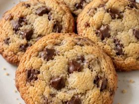 Whole chocolate chip cookies with golden edges and semisweet chips on a plain plate