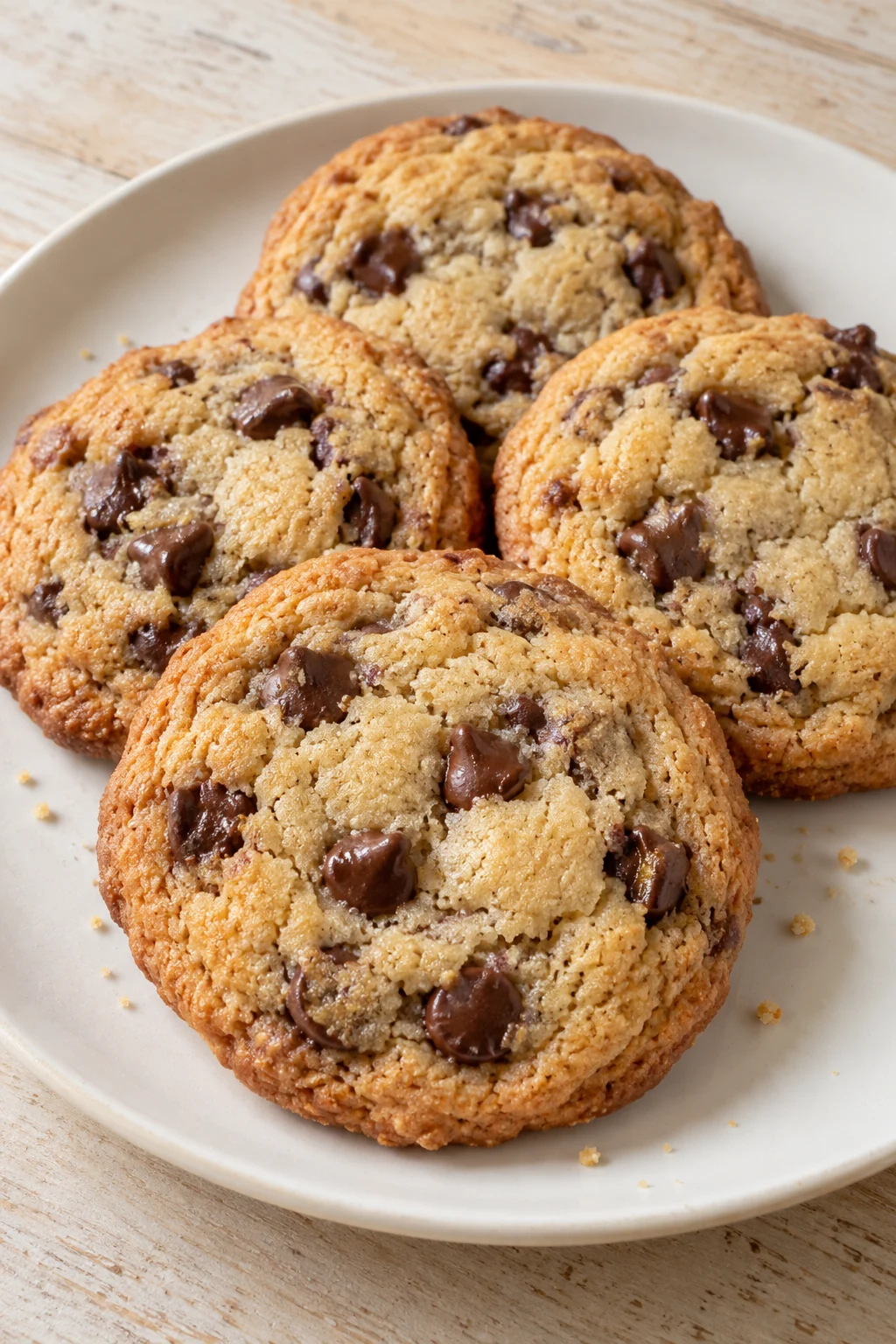 Whole chocolate chip cookies with golden edges and semisweet chips on a plain plate
