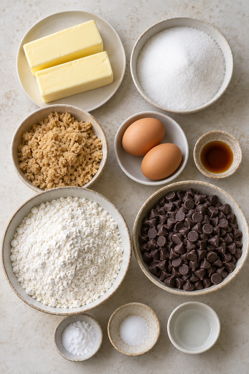 Butter, sugars, eggs, vanilla, flour, baking soda, salt, water, and semisweet chocolate chips