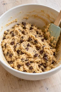 Thick cookie dough with semisweet chocolate chips mixed throughout