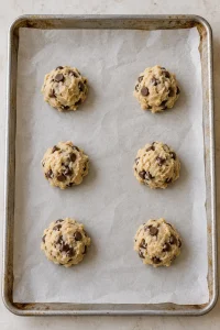 Rounded portions of chocolate chip cookie dough spaced apart on a parchment-lined baking sheet