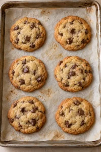 Freshly baked whole chocolate chip cookies with lightly golden edges on a baking sheet