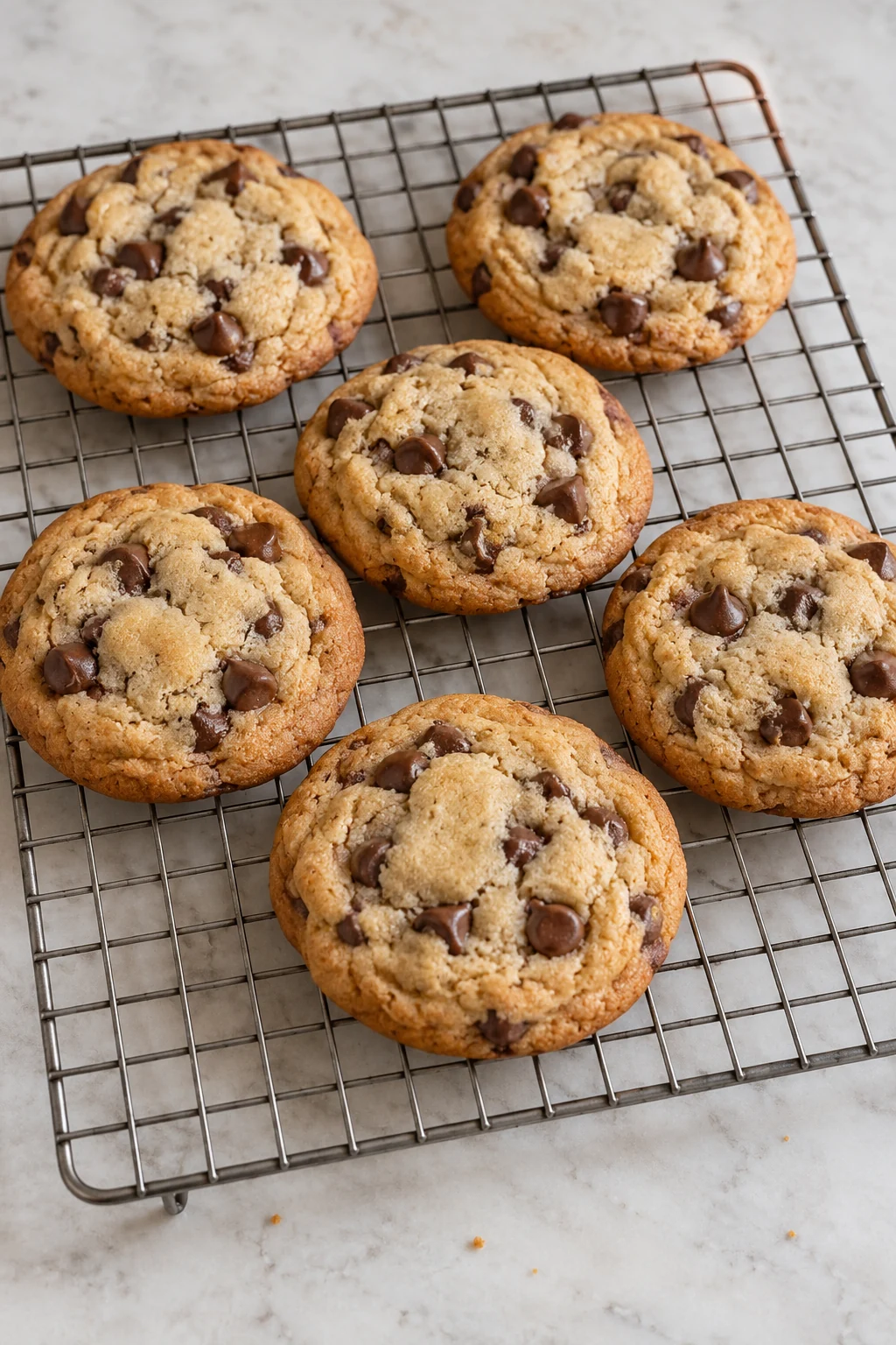 Whole homemade chocolate chip cookies cooling on a wire rack