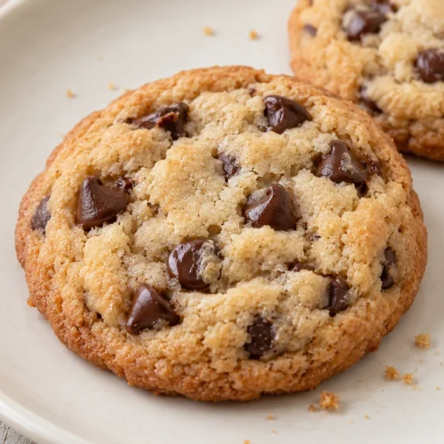 Close-up of a whole chocolate chip cookie showing its golden edge and chocolate chips