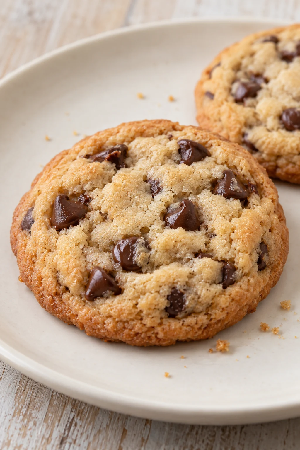 Close-up of a whole chocolate chip cookie showing its golden edge and chocolate chips