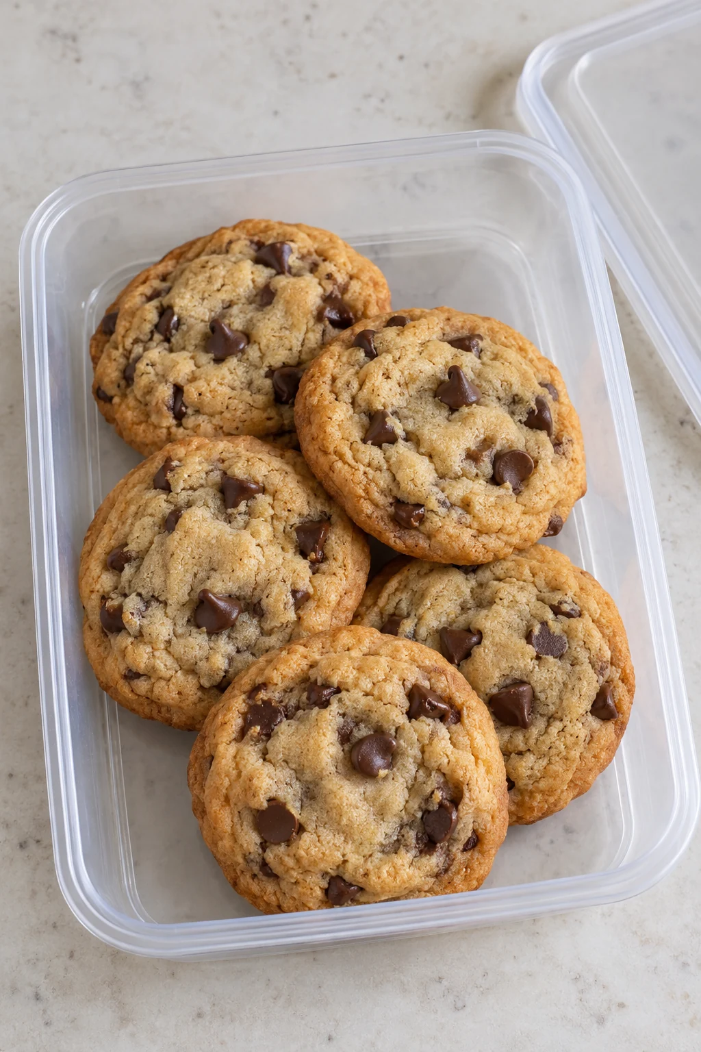 Cooled whole chocolate chip cookies in a shallow food-storage container