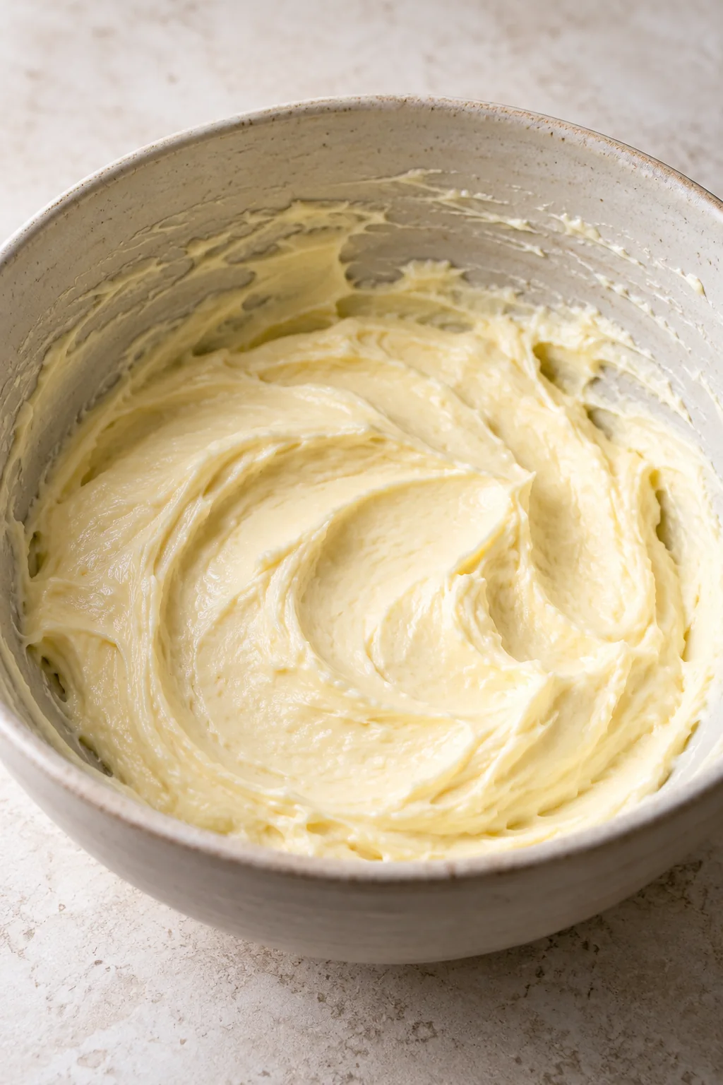 Pale cream cheese filling beaten smooth in an oatmeal mixing bowl
