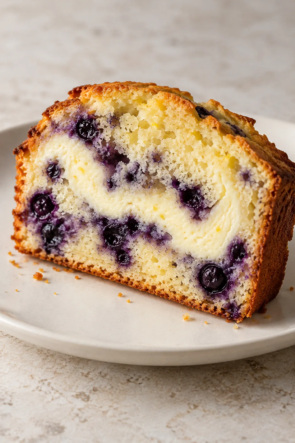 Close-up of golden loaf crumb, baked blueberries, and cream cheese swirl
