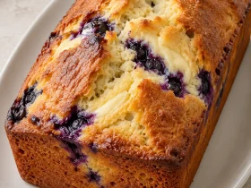 Whole golden blueberry cream cheese loaf with a cracked top on a white platter