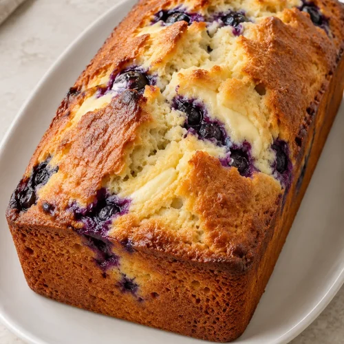 Whole golden blueberry cream cheese loaf with a cracked top on a white platter