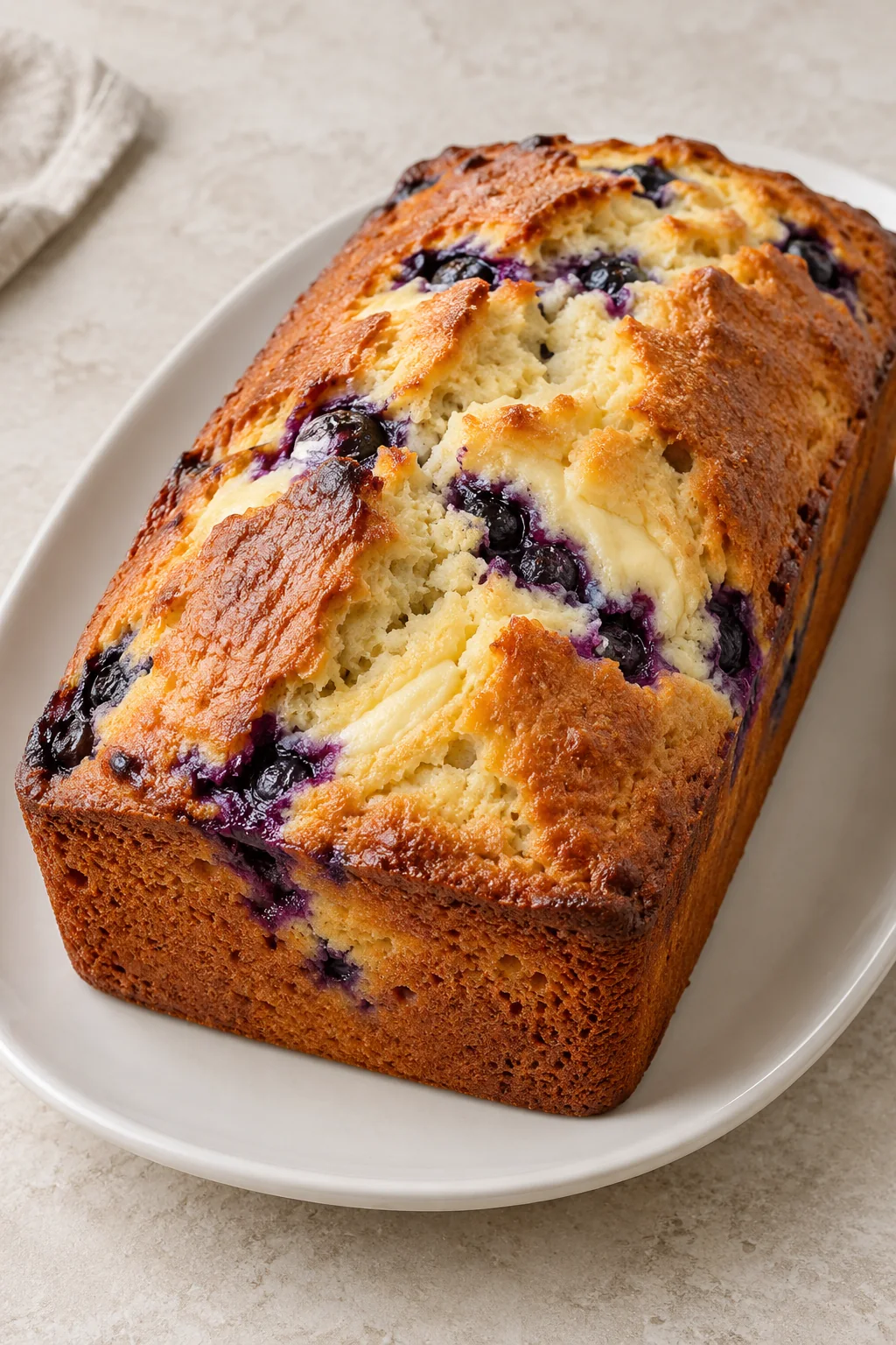 Whole golden blueberry cream cheese loaf with a cracked top on a white platter