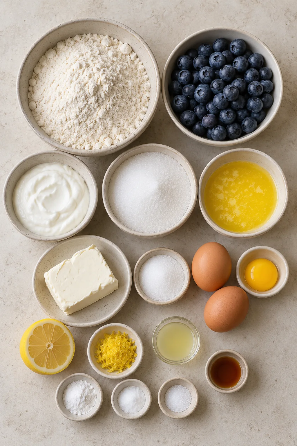 Blueberries, cream cheese, lemon, flour, butter, eggs, yogurt, sugar, and baking ingredients