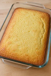Unfrosted golden yellow sheet cake cooled in a glass baking dish