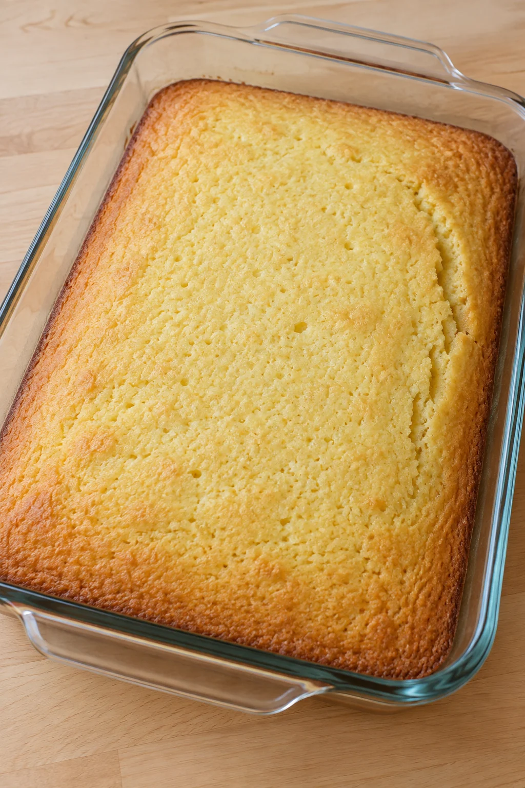 Unfrosted golden yellow sheet cake cooled in a glass baking dish