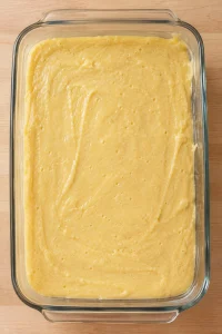 Yellow cake batter spread evenly in a clear glass rectangular baking dish