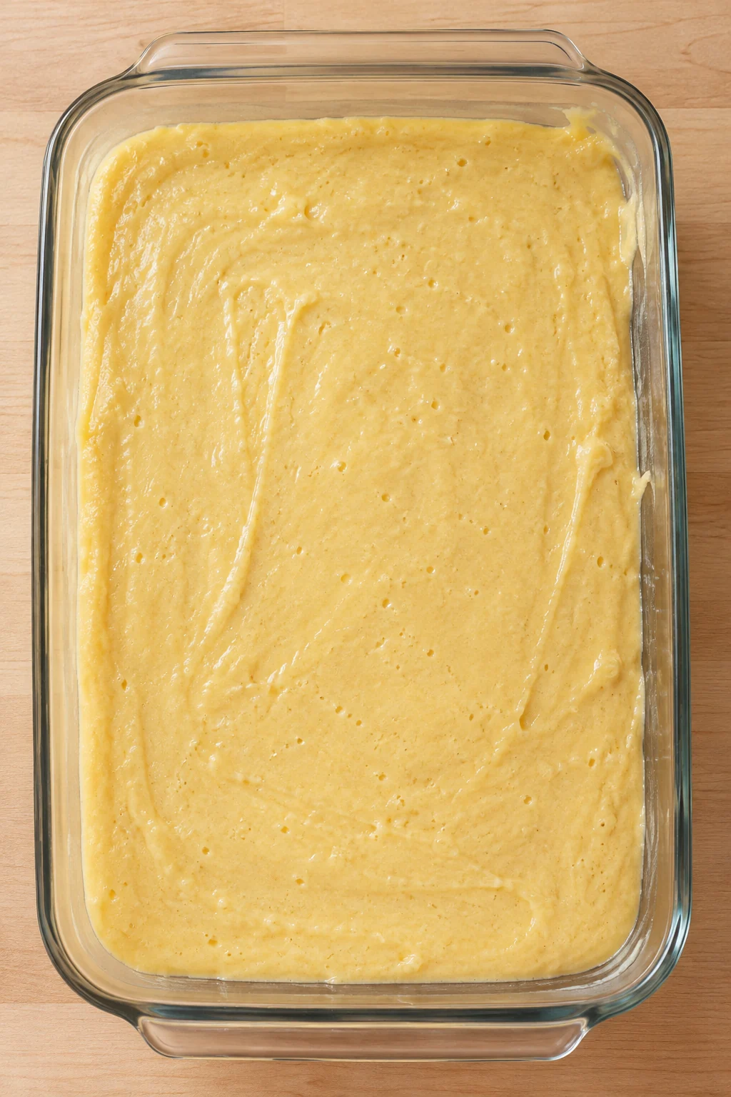 Yellow cake batter spread evenly in a clear glass rectangular baking dish