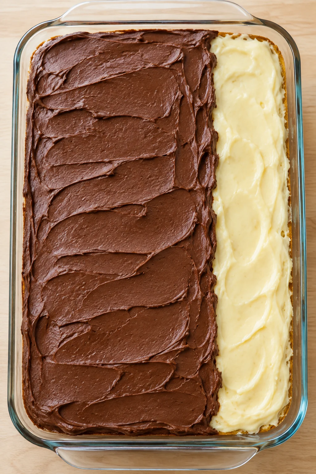 Chocolate frosting partly spread over the chilled vanilla pudding layer