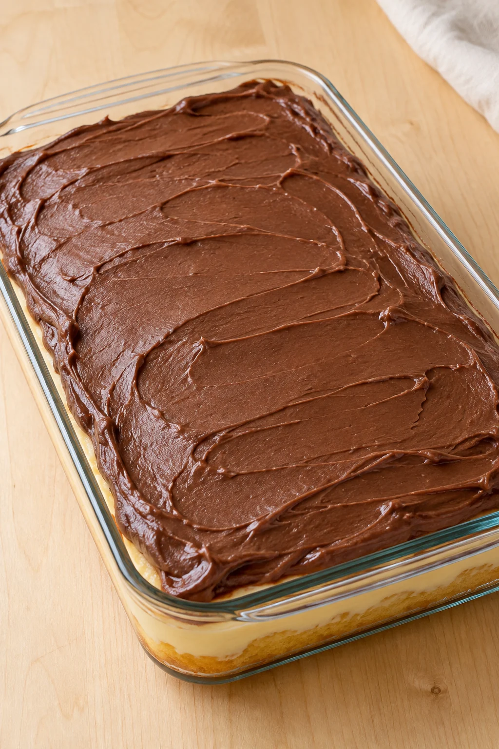 Whole Boston cream poke cake with chocolate frosting in a glass baking dish