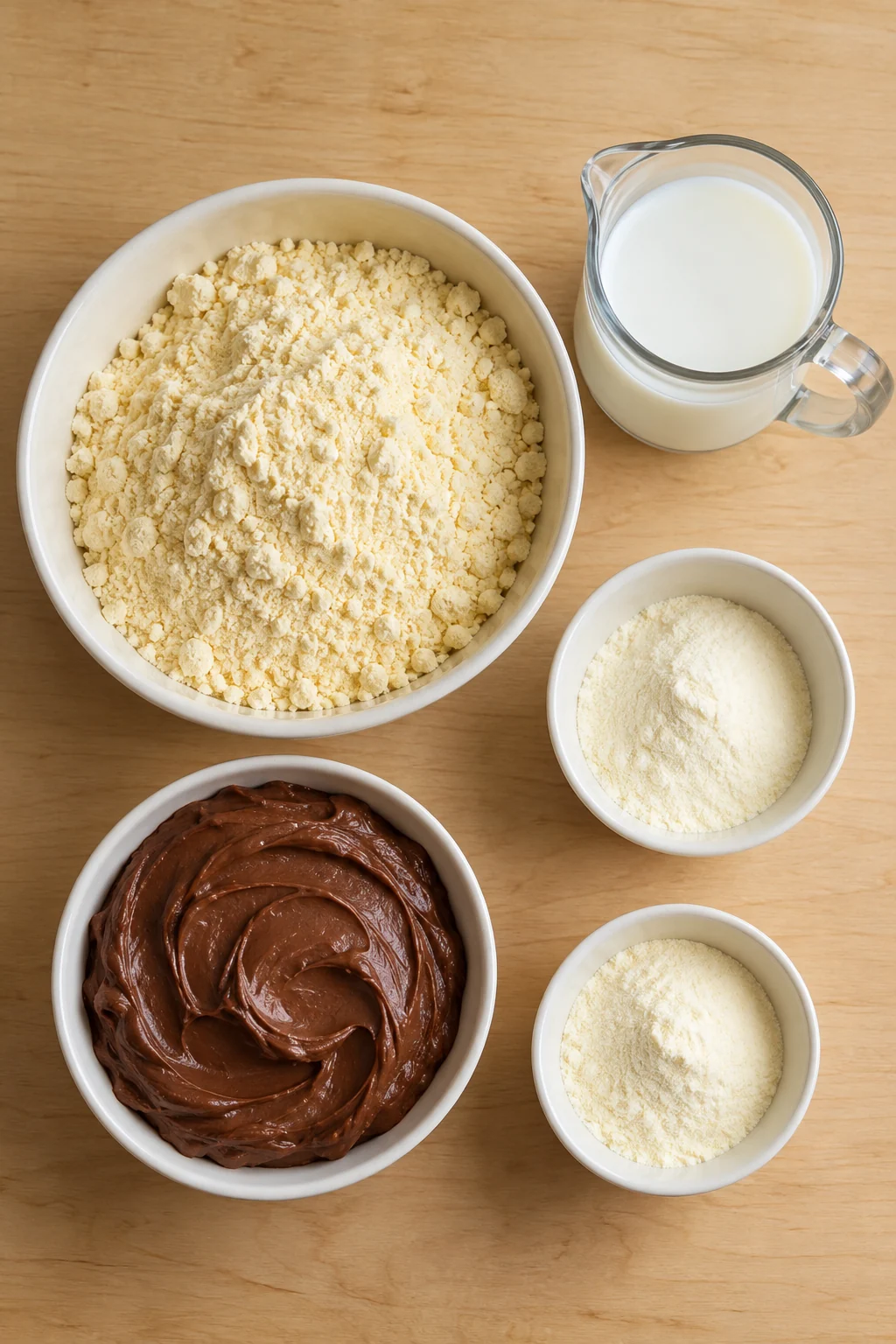 Yellow cake mix, vanilla pudding mix, milk, and chocolate frosting arranged for poke cake