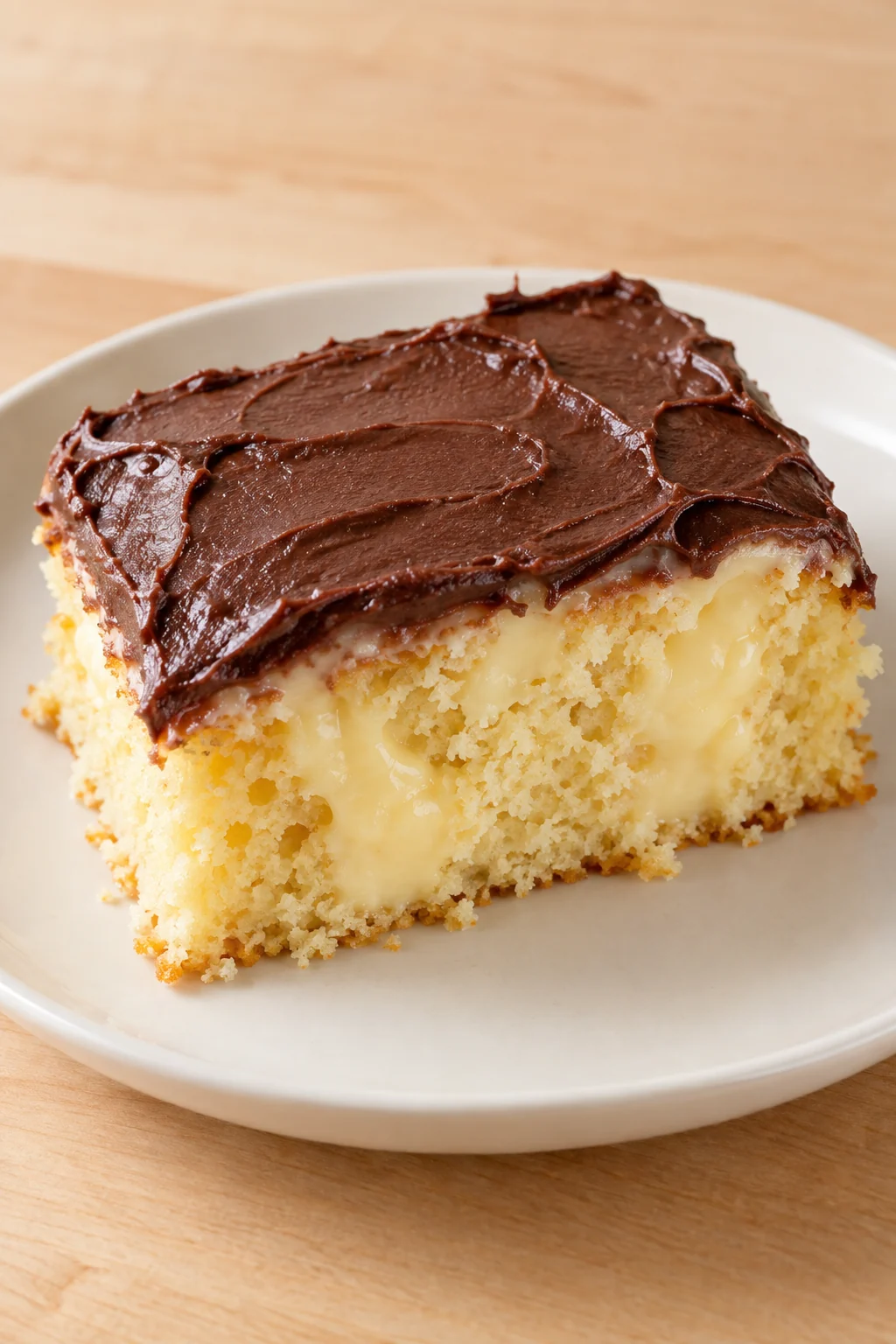 Square of yellow poke cake with vanilla pudding pockets and chocolate frosting on an ivory plate