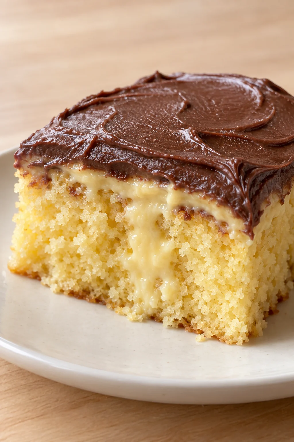 Close-up of yellow cake crumb, a vanilla pudding pocket, and chocolate frosting