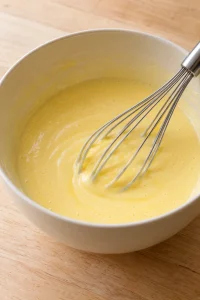 Smooth pale vanilla pudding in a mixing bowl with a whisk resting inside