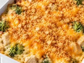 A whole chicken broccoli rice casserole with a golden Ritz crumb topping in a white rectangular baking dish