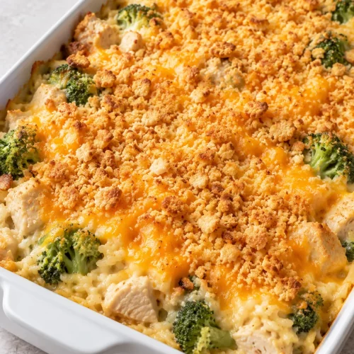 A whole chicken broccoli rice casserole with a golden Ritz crumb topping in a white rectangular baking dish
