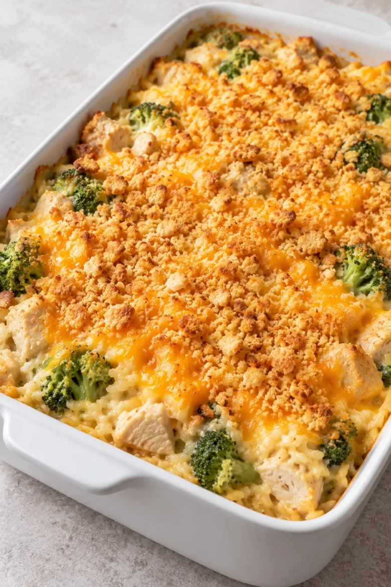 A whole chicken broccoli rice casserole with a golden Ritz crumb topping in a white rectangular baking dish