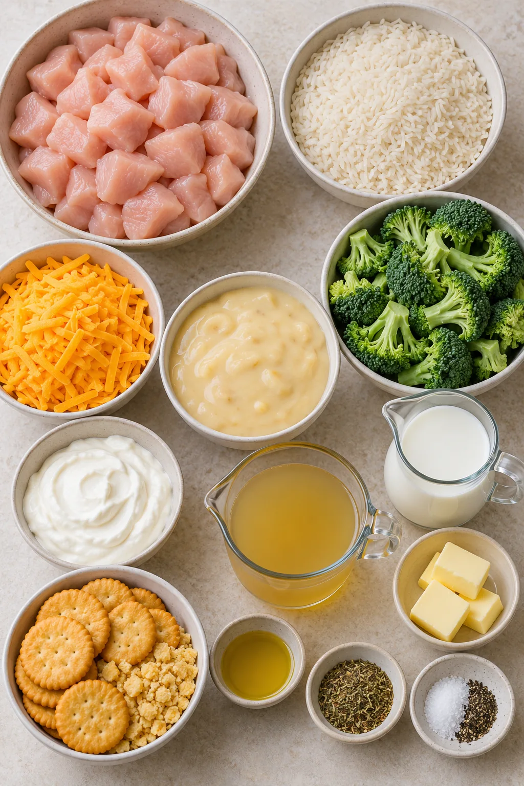 Chicken, dry long-grain rice, broccoli, cheddar, dairy, soup, broth and Ritz crackers arranged for the casserole