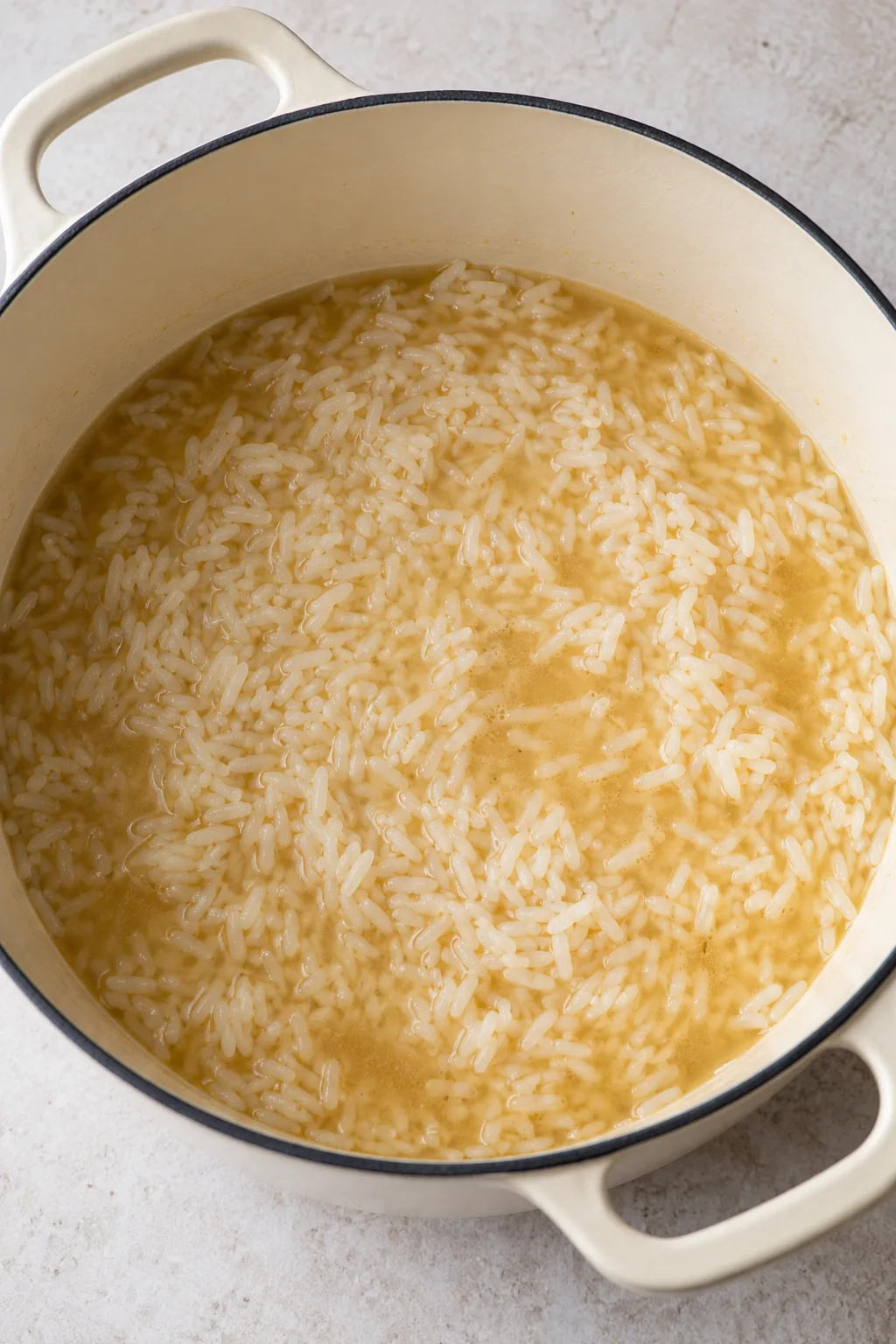 White long-grain rice simmering in chicken broth in a large enamel pot before broccoli is added