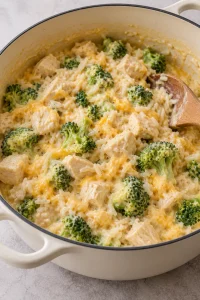 Cooked chicken, broccoli and rice folded into a creamy cheddar filling in a large pot