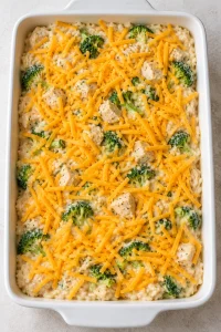 An assembled chicken broccoli rice casserole topped with unmelted shredded cheddar before baking