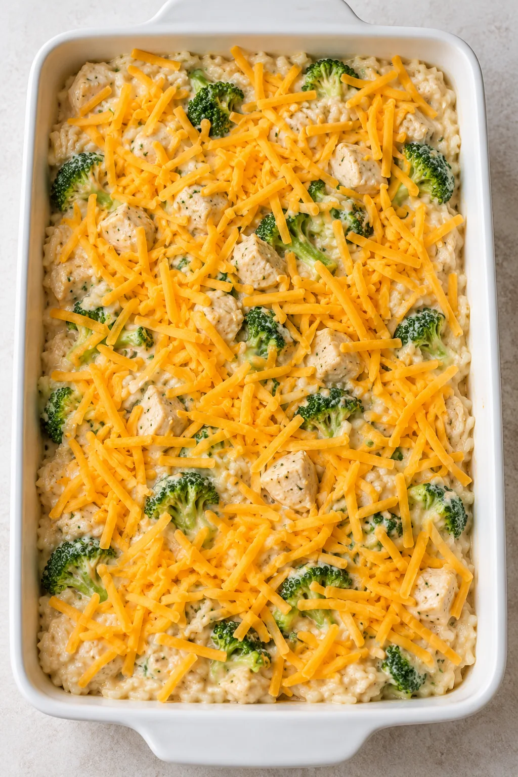 An assembled chicken broccoli rice casserole topped with unmelted shredded cheddar before baking