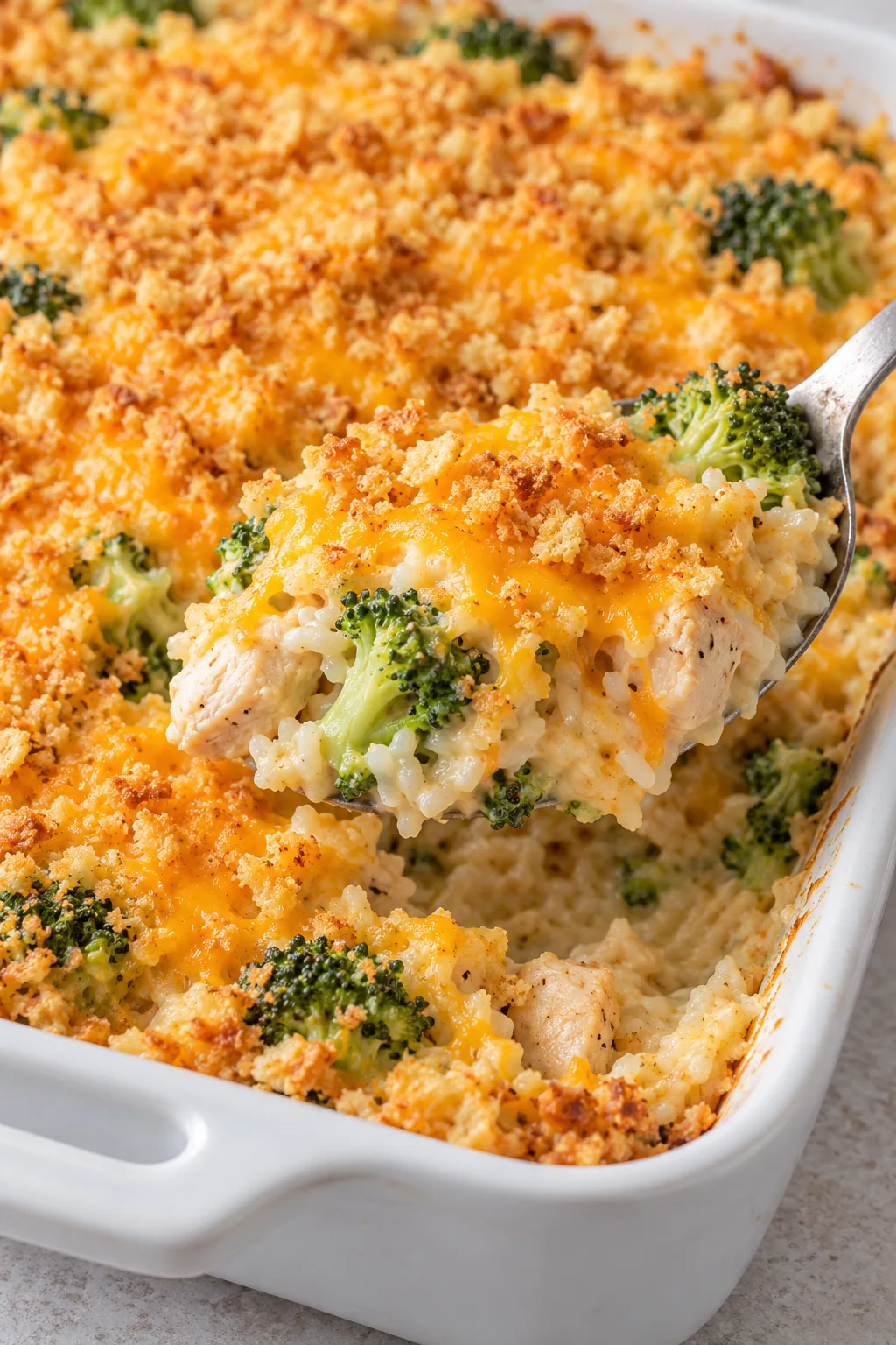 A broad serving spoon lifting creamy chicken broccoli rice casserole beneath the golden crumb topping