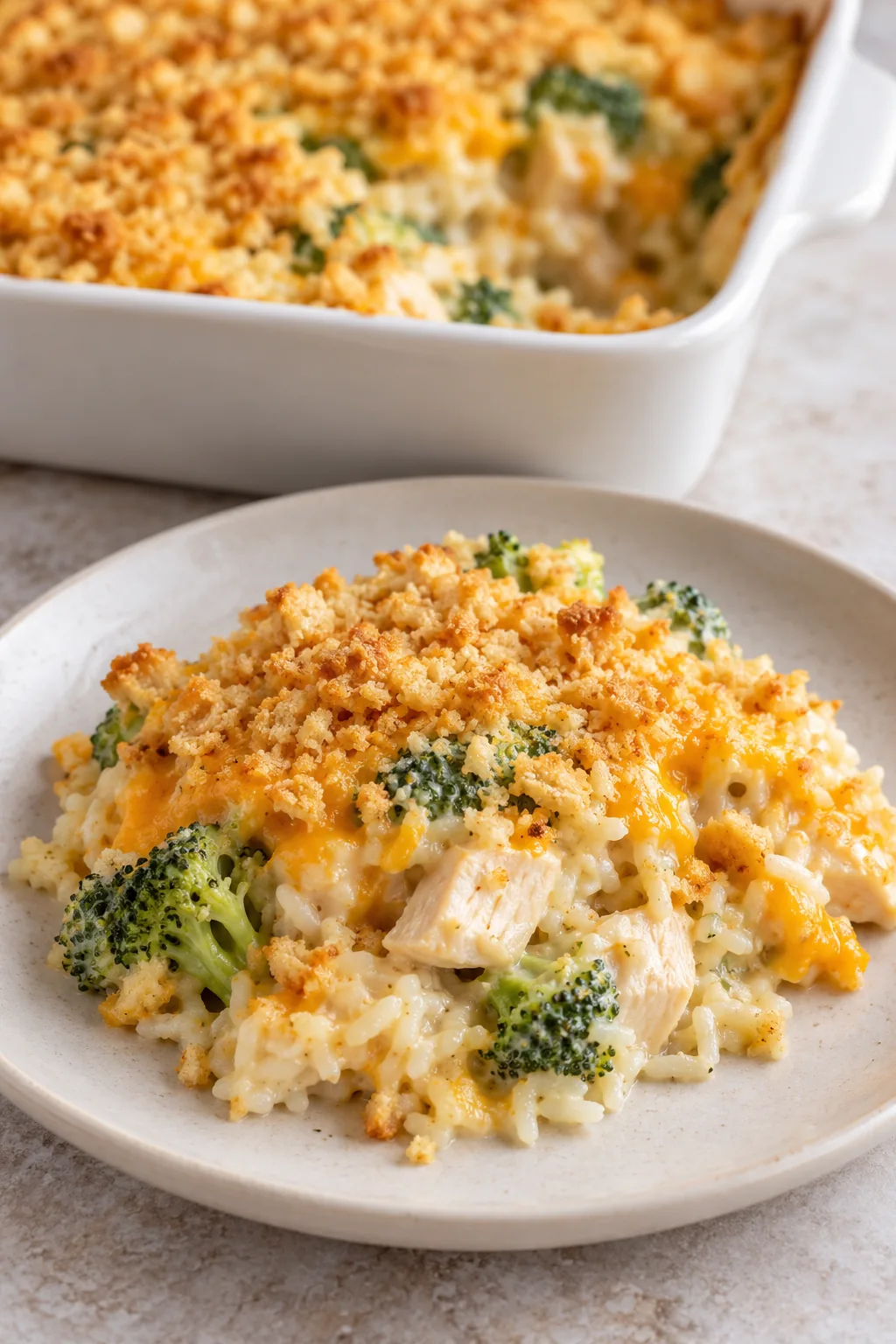 A creamy serving of chicken, broccoli and long-grain rice with cheddar and golden Ritz crumbs on a white plate