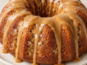Whole brown sugar pound cake with a creamy caramel drizzle over its fluted Bundt shape