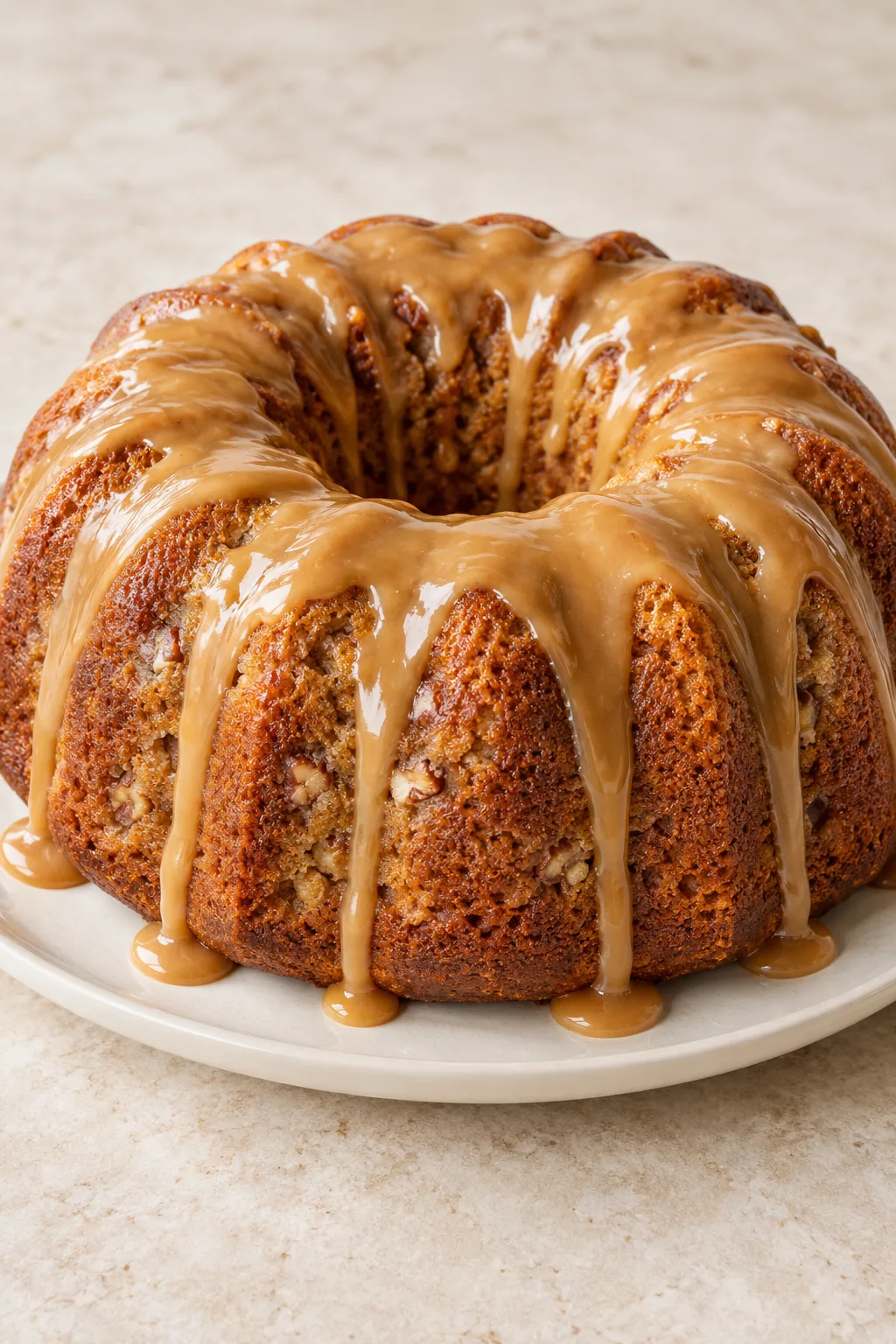 Whole brown sugar pound cake with a creamy caramel drizzle over its fluted Bundt shape