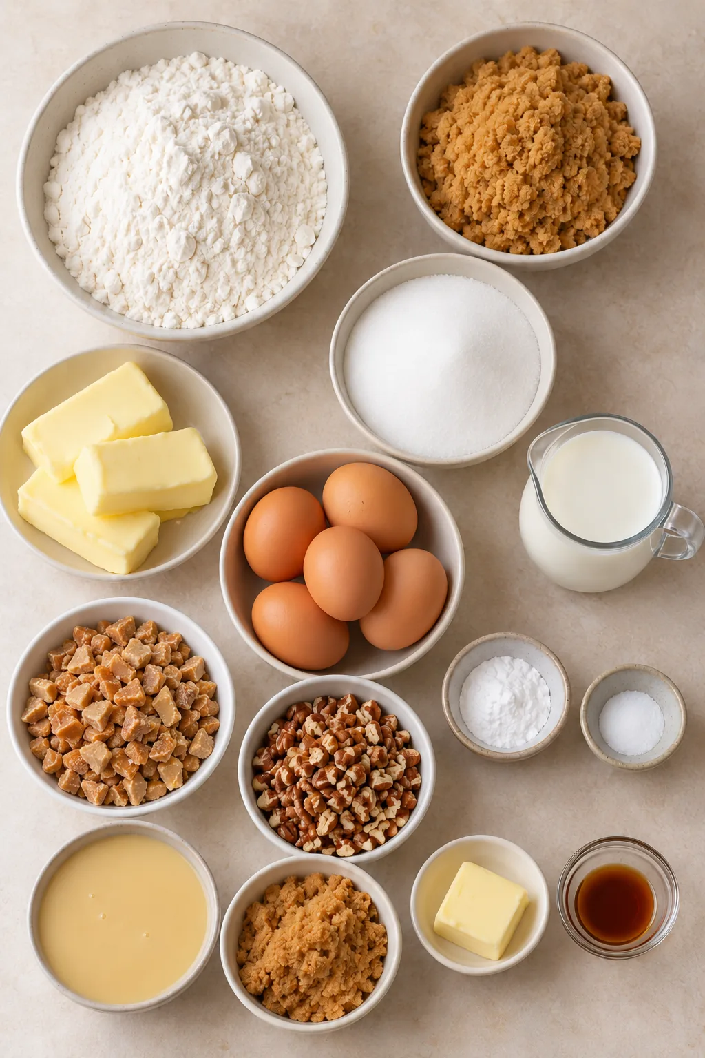 Butter, brown sugar, granulated sugar, eggs, flour, milk, toffee bits, pecans, condensed milk, vanilla, baking powder, and salt for the cake and caramel
