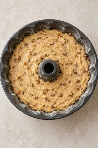 Thick brown sugar pound cake batter with chopped pecans and toffee bits spread in a prepared Bundt pan