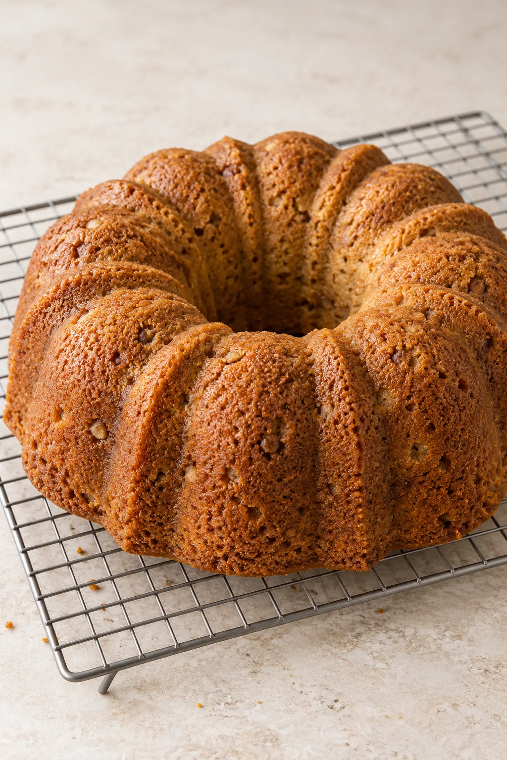 Unglazed brown sugar Bundt cake cooling on a wire rack before the caramel drizzle is added