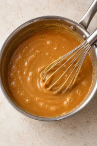 Creamy brown sugar and sweetened condensed milk caramel simmering in a saucepan with a whisk