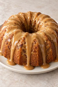 Brown sugar Bundt cake freshly coated with warm condensed milk caramel dripping down its ridges
